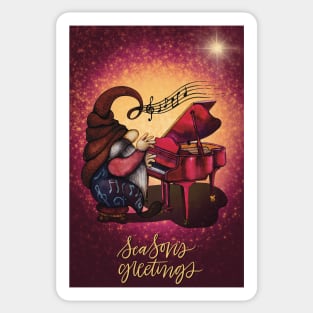 Cute Christmas greeting card with hippie gnome playing music on the piano Sticker